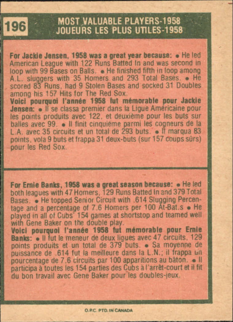 1975 O-Pee-Chee #196 Jackie Jensen/Ernie Banks MVP back image