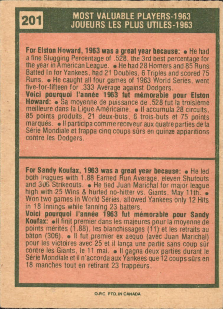 1975 O-Pee-Chee #201 Els.Howard/S.Koufax MVP back image