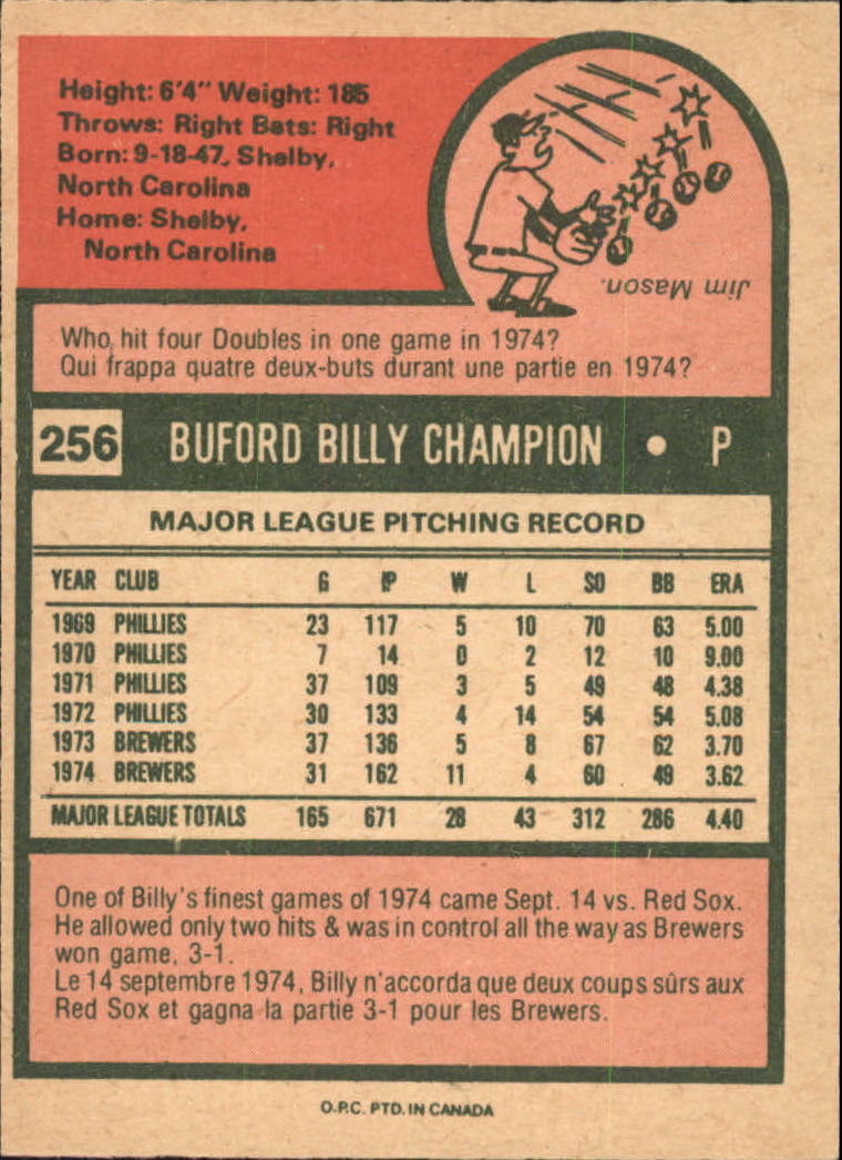 1975 O-Pee-Chee #256 Billy Champion back image