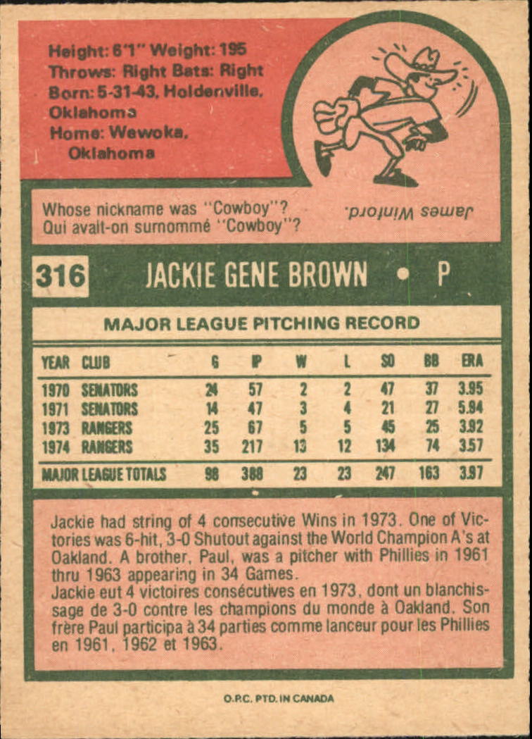 1975 O-Pee-Chee #316 Jackie Brown back image