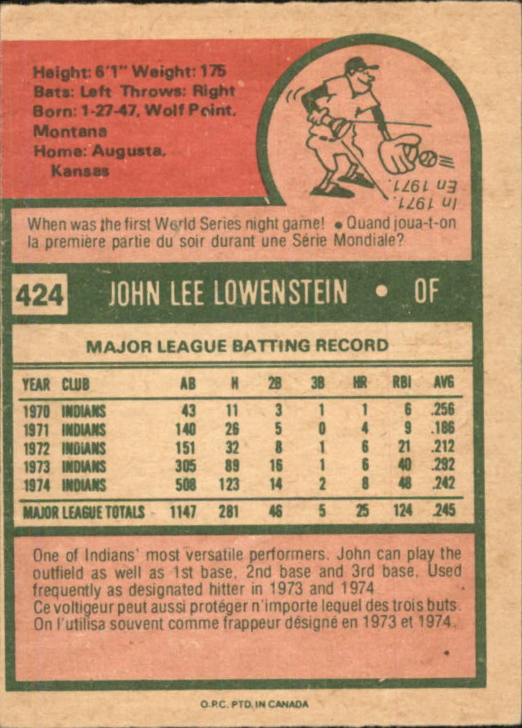 1975 O-Pee-Chee #424 John Lowenstein back image