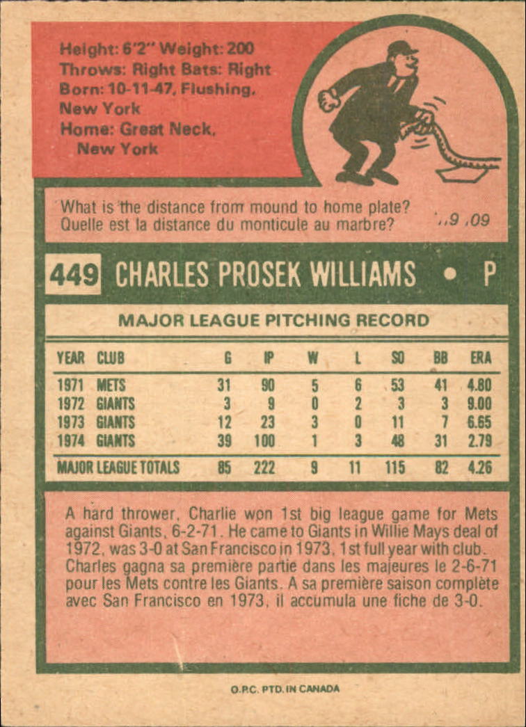1975 O-Pee-Chee #449 Charlie Williams back image