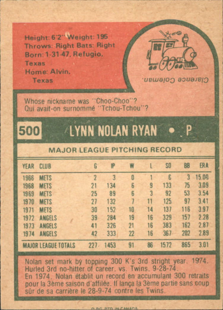 1975 O-Pee-Chee #500 Nolan Ryan back image