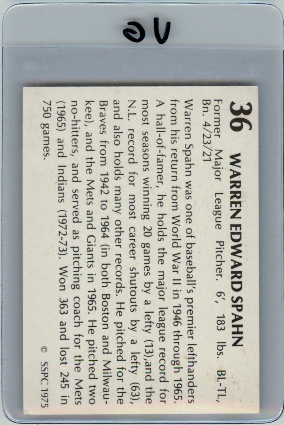 1975 SSPC 42 #36 Warren Spahn back image