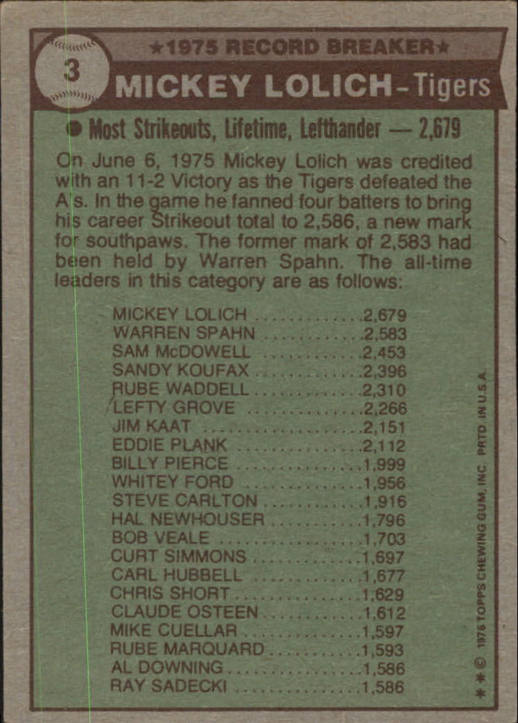 1976 Topps #3 Mickey Lolich RB back image