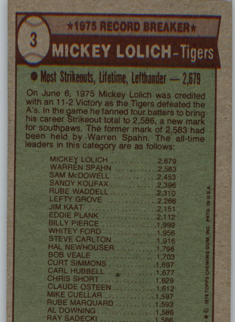 1976 Topps #3 Mickey Lolich RB back image
