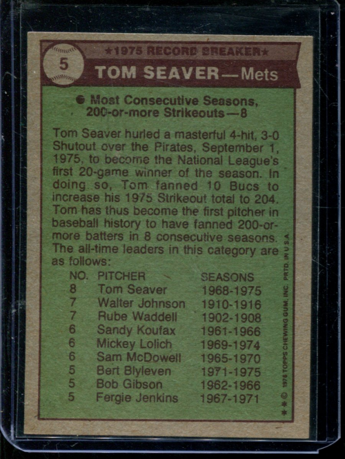 1976 Topps #5 Tom Seaver RB back image