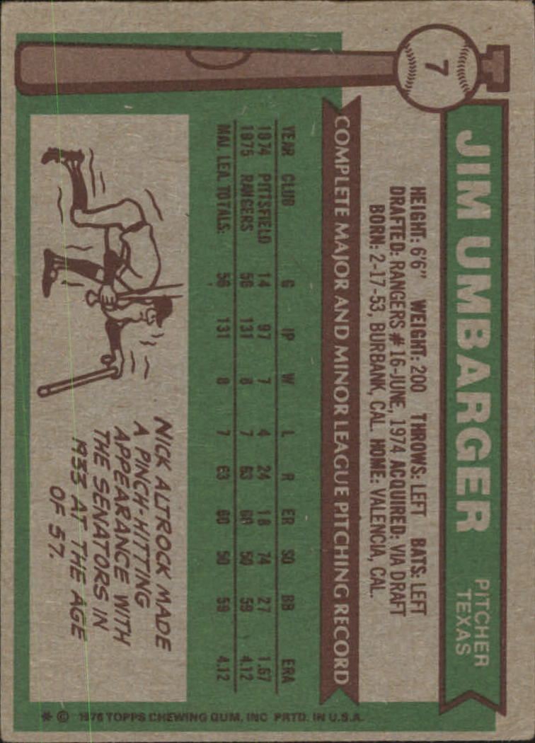 1976 Topps #7 Jim Umbarger RC back image