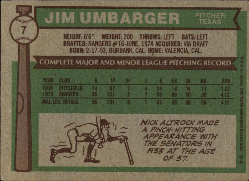 1976 Topps #7 Jim Umbarger RC back image