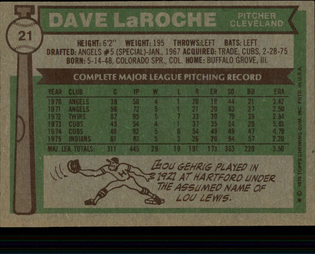 1976 Topps #21 Dave LaRoche back image
