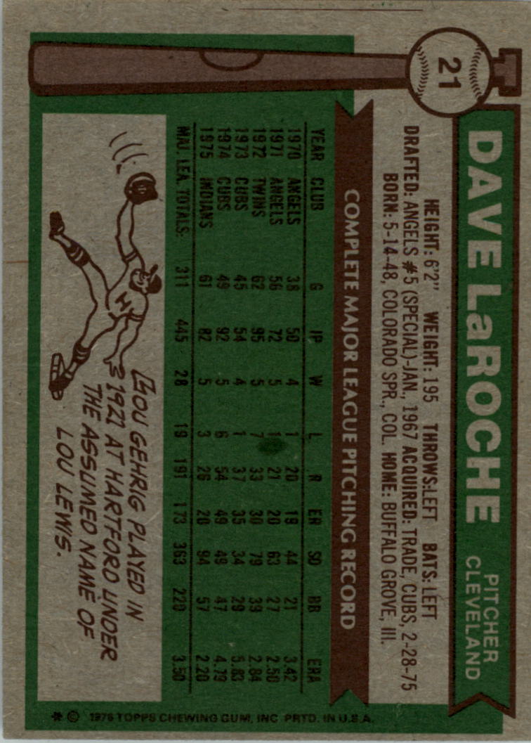 1976 Topps #21 Dave LaRoche back image