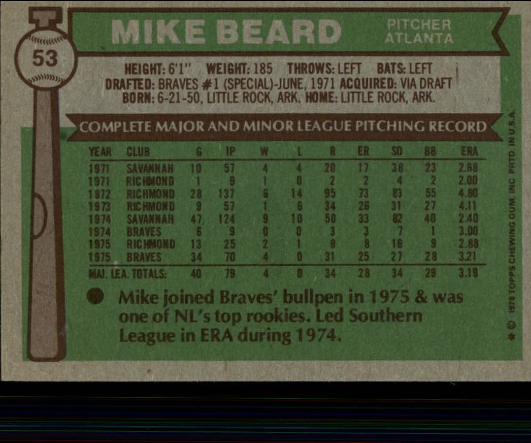 1976 Topps #53 Mike Beard RC back image