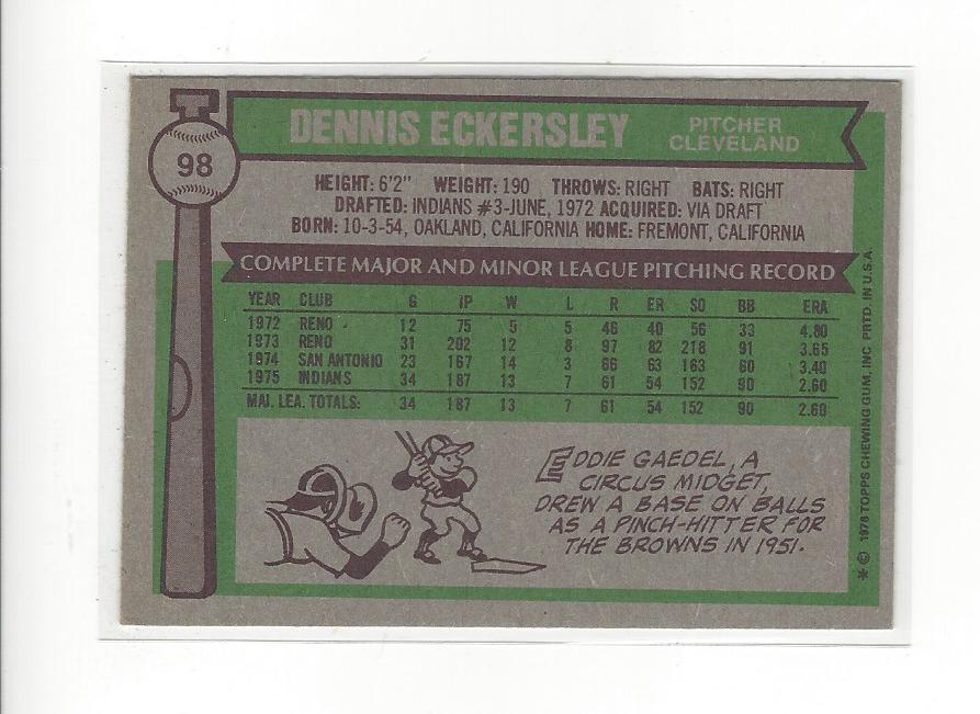 1976 Topps #98 Dennis Eckersley RC back image