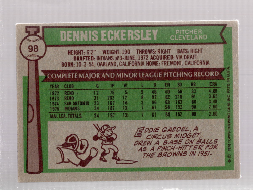 1976 Topps #98 Dennis Eckersley RC back image
