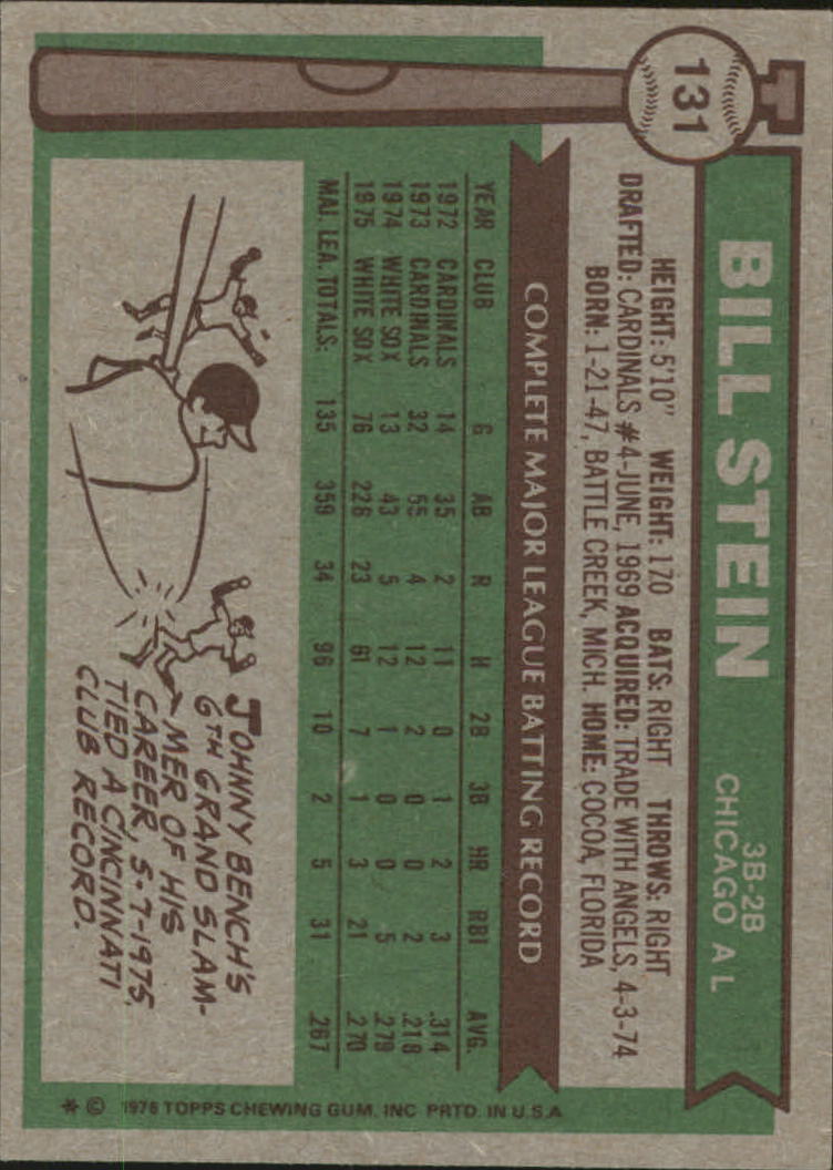 1976 Topps #131 Bill Stein RC back image