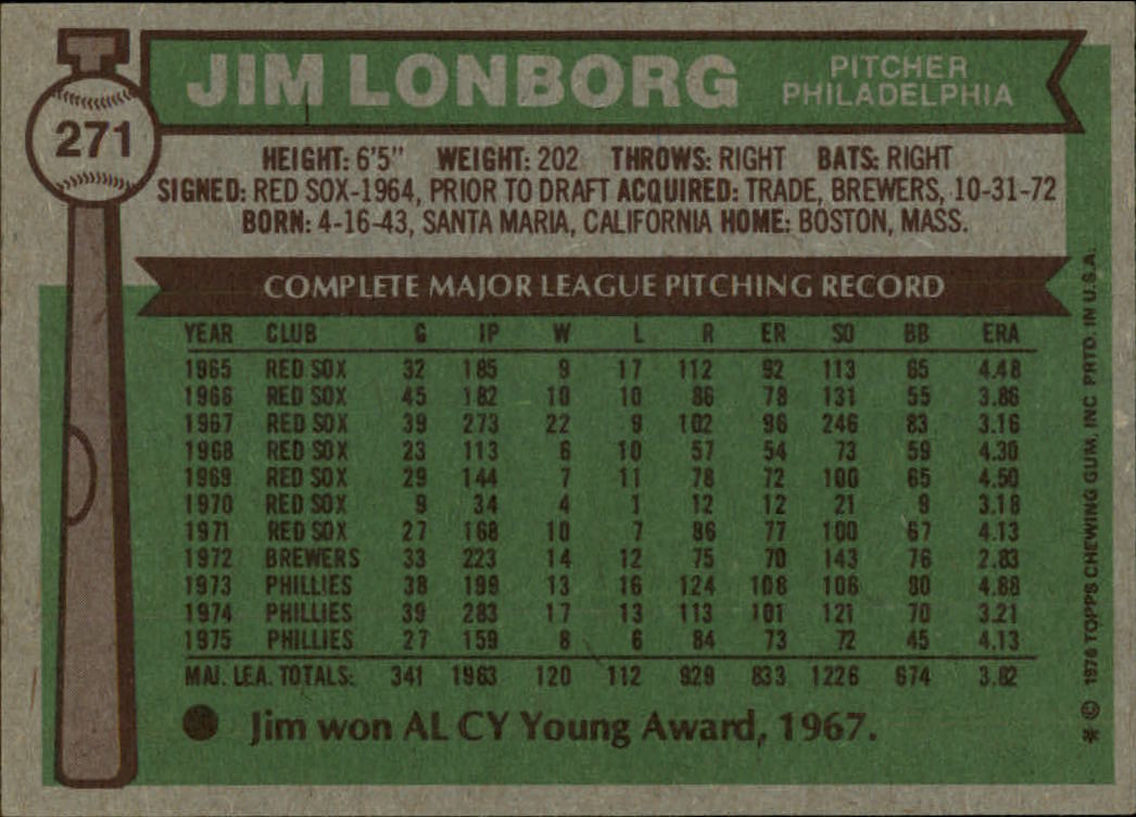 1976 Topps #271 Jim Lonborg back image