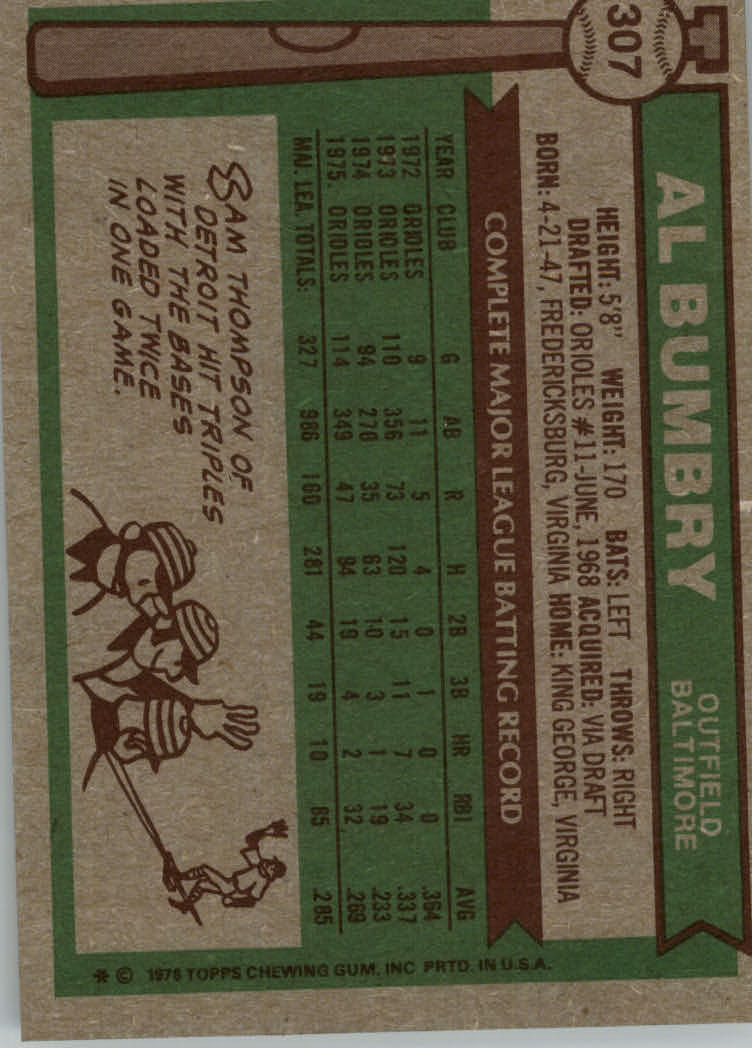 1976 Topps #307 Al Bumbry back image