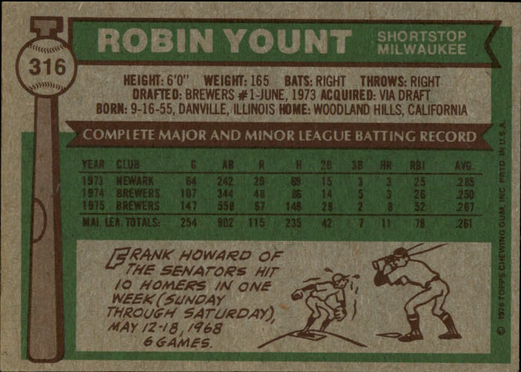 1976 Topps #316 Robin Yount back image