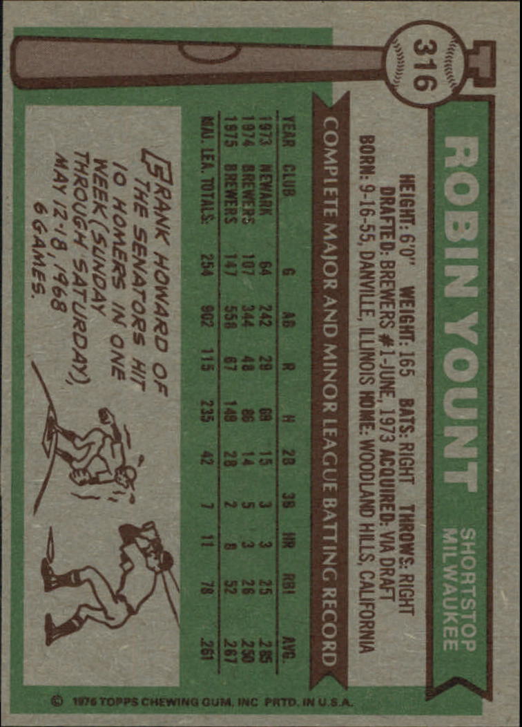 1976 Topps #316 Robin Yount back image