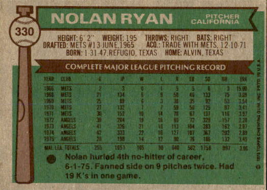 1976 Topps #330 Nolan Ryan back image