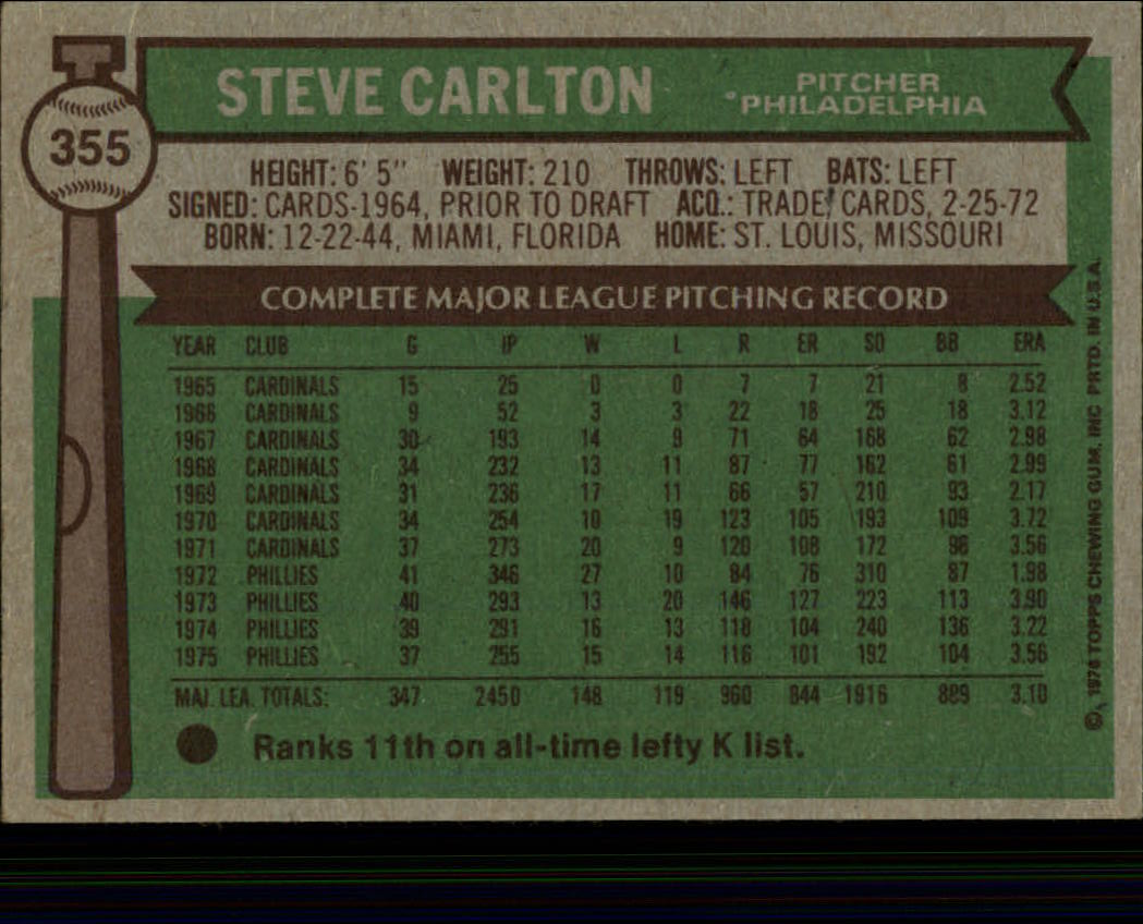 1976 Topps #355 Steve Carlton back image