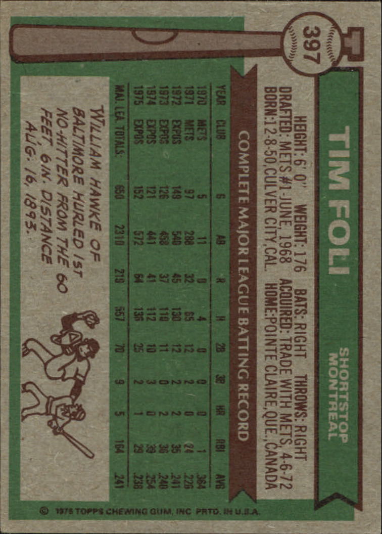 1976 Topps #397 Tim Foli - VG