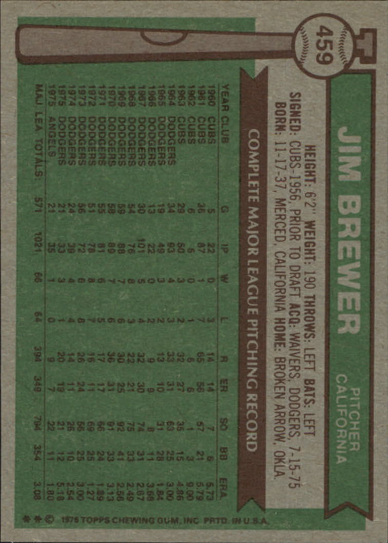 1976 Topps #459 Jim Brewer back image
