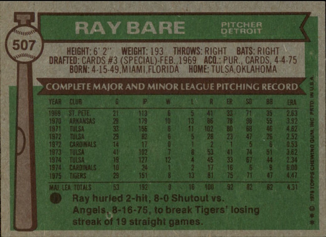 1976 Topps #507 Ray Bare RC back image
