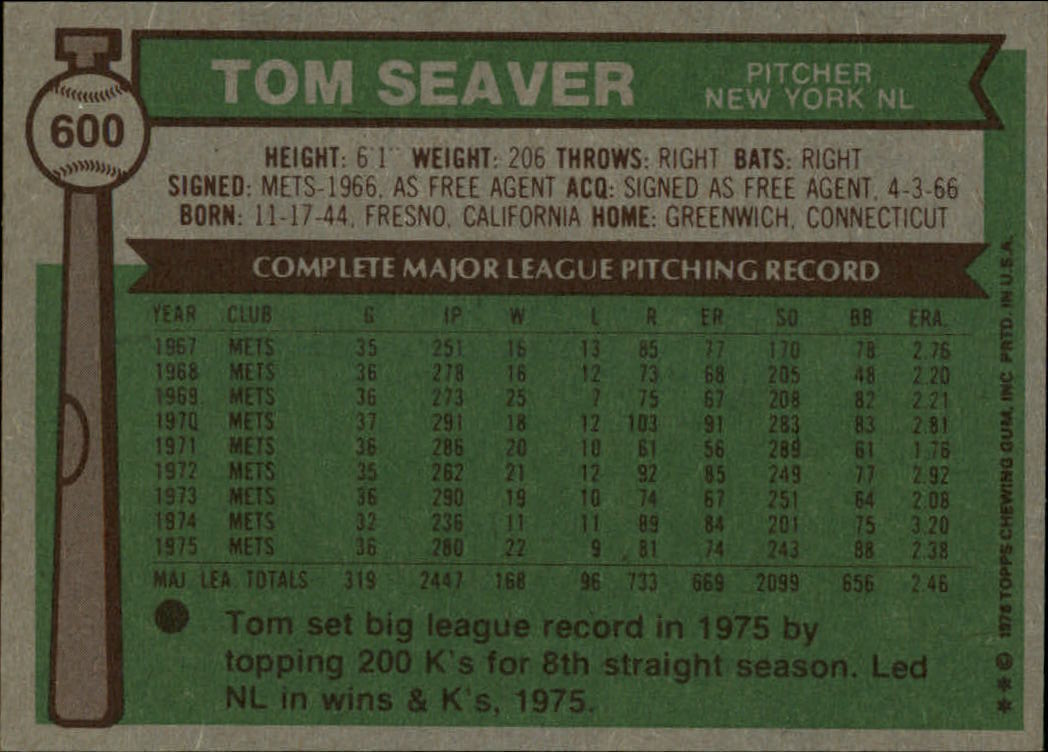 1976 Topps #600 Tom Seaver back image