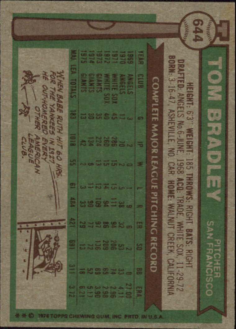 1976 Topps #644 Tom Bradley - EX