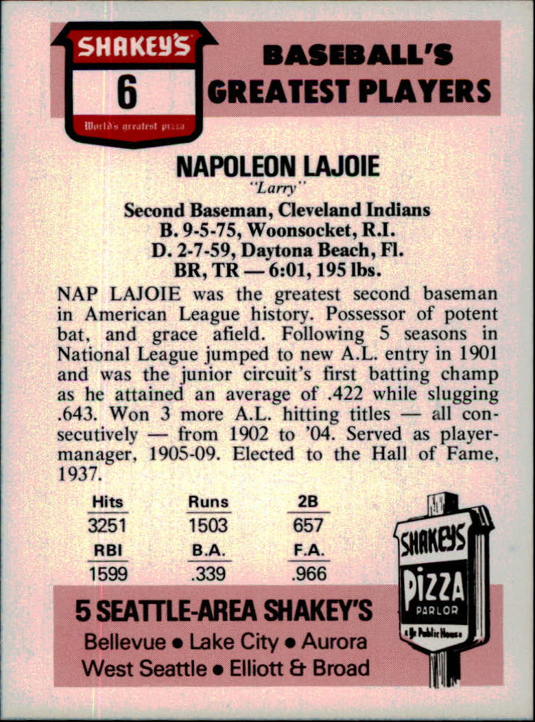 1976 Shakey's Pizza #6 Nap Lajoie back image