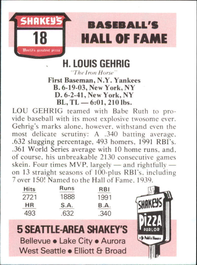 1976 Shakey's Pizza #18 Lou Gehrig back image