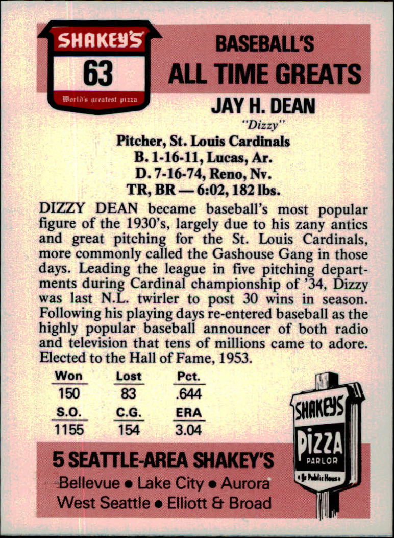 1976 Shakey's Pizza #63 Dizzy Dean back image