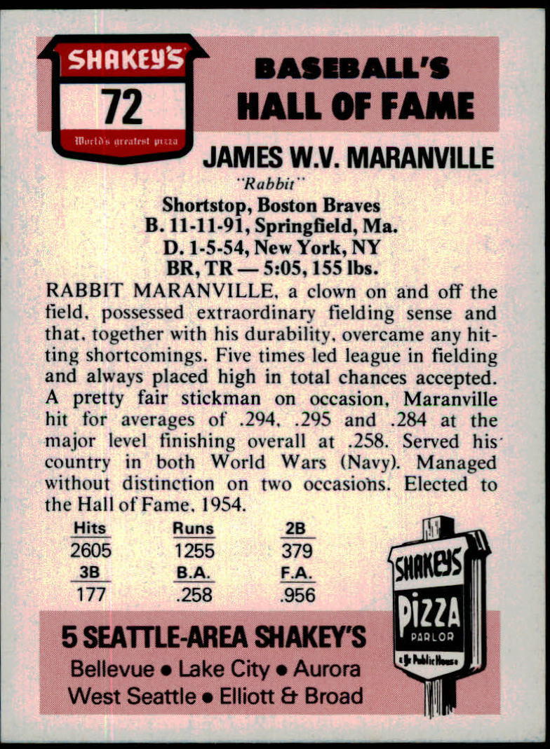 1976 Shakey's Pizza #72 Rabbit Maranville back image
