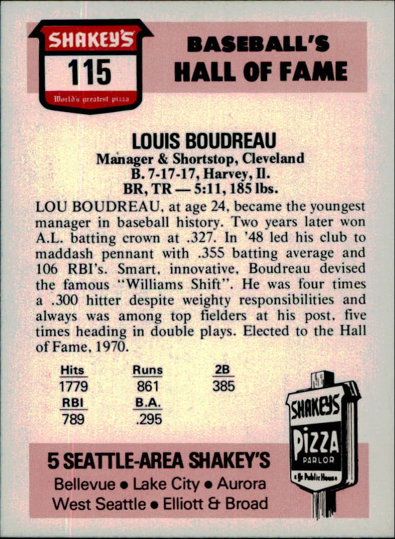 1976 Shakey's Pizza #115 Lou Boudreau back image