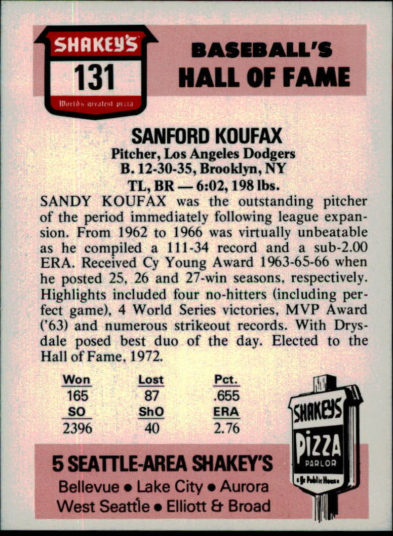 1976 Shakey's Pizza #131 Sandy Koufax back image