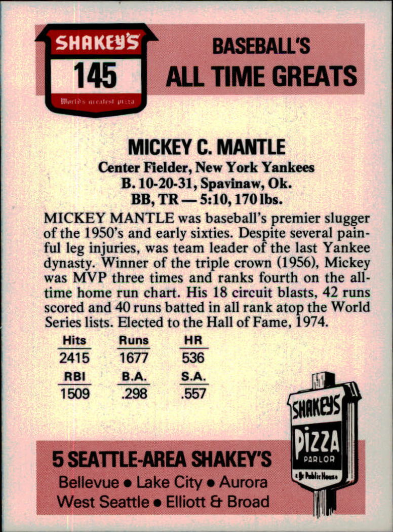 1976 Shakey's Pizza #145 Mickey Mantle back image