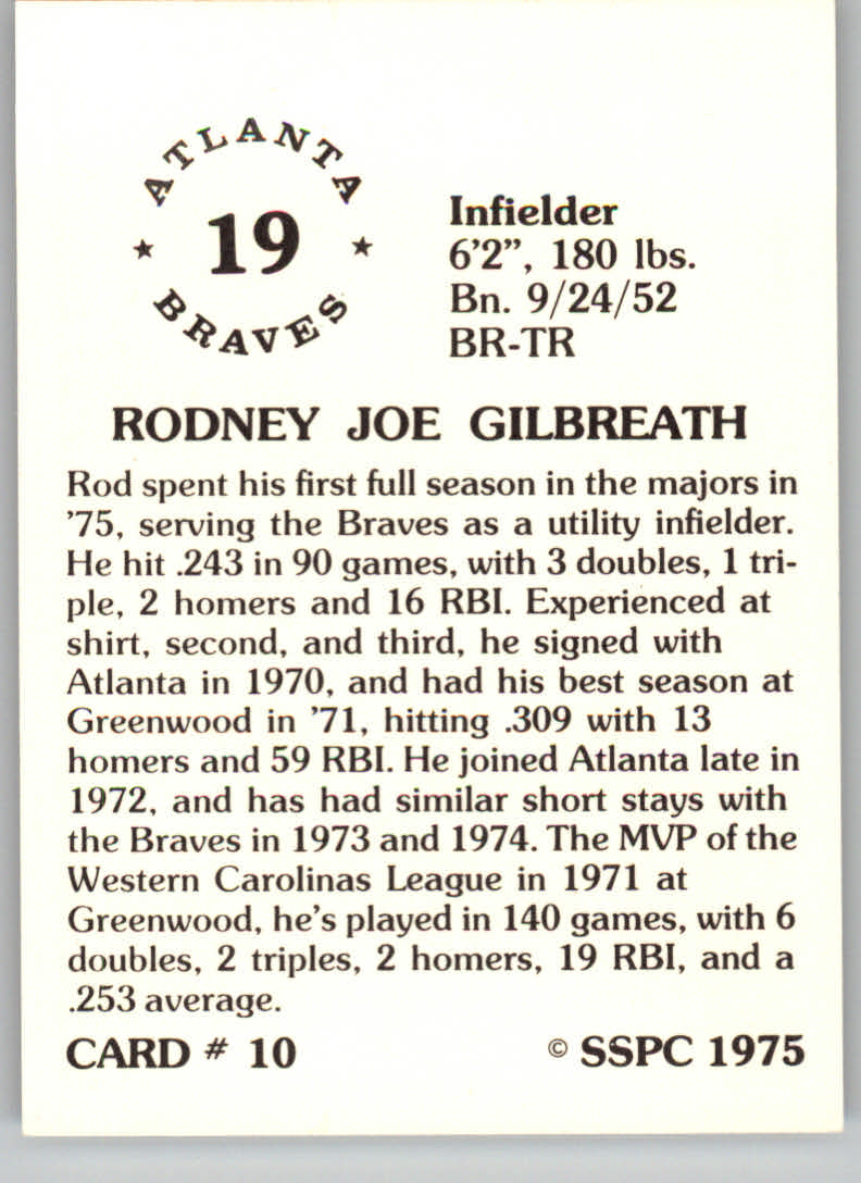 1976 SSPC #10 Rod Gilbreath back image