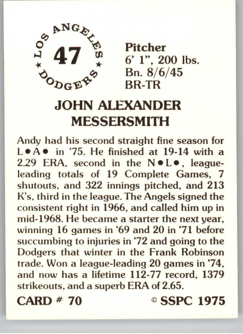1976 SSPC #70 Andy Messersmith back image