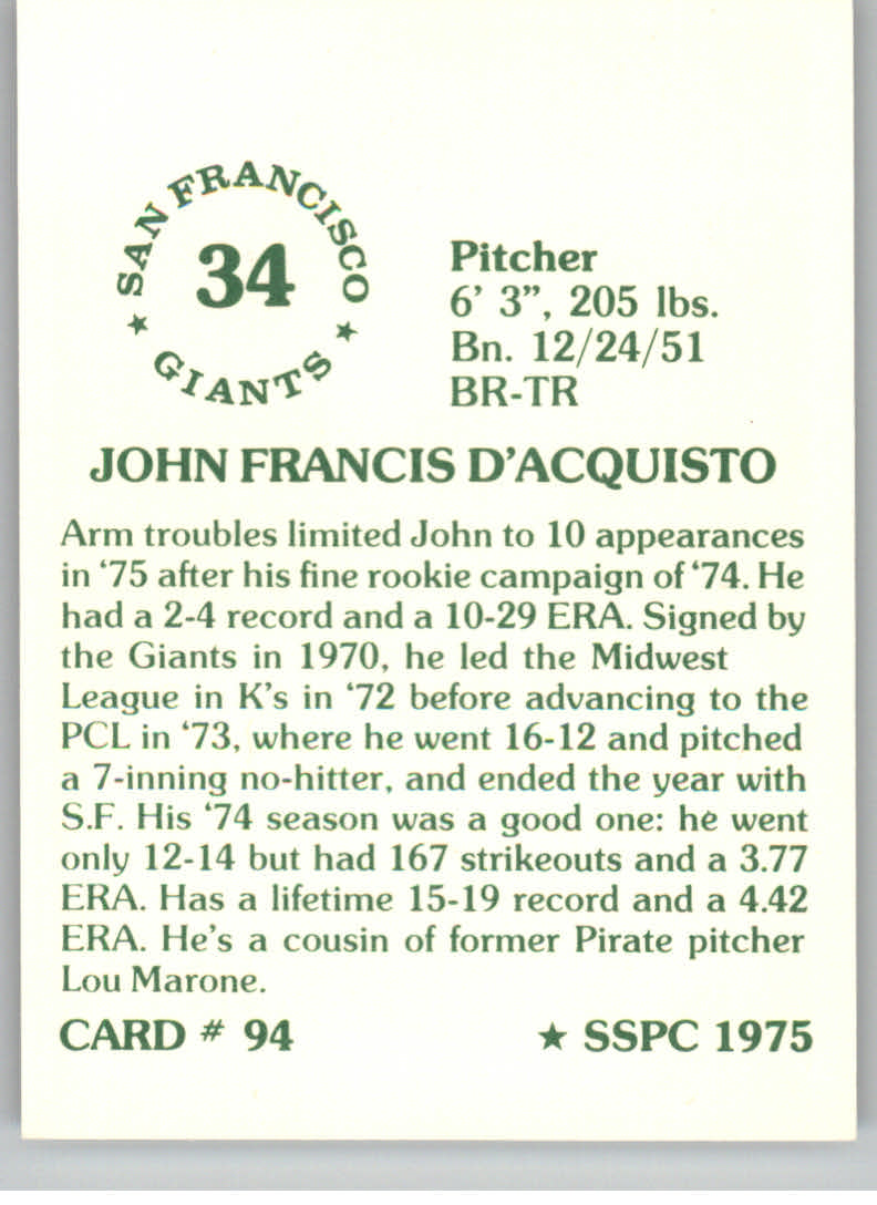 1976 SSPC #94 John D'Acquisto back image