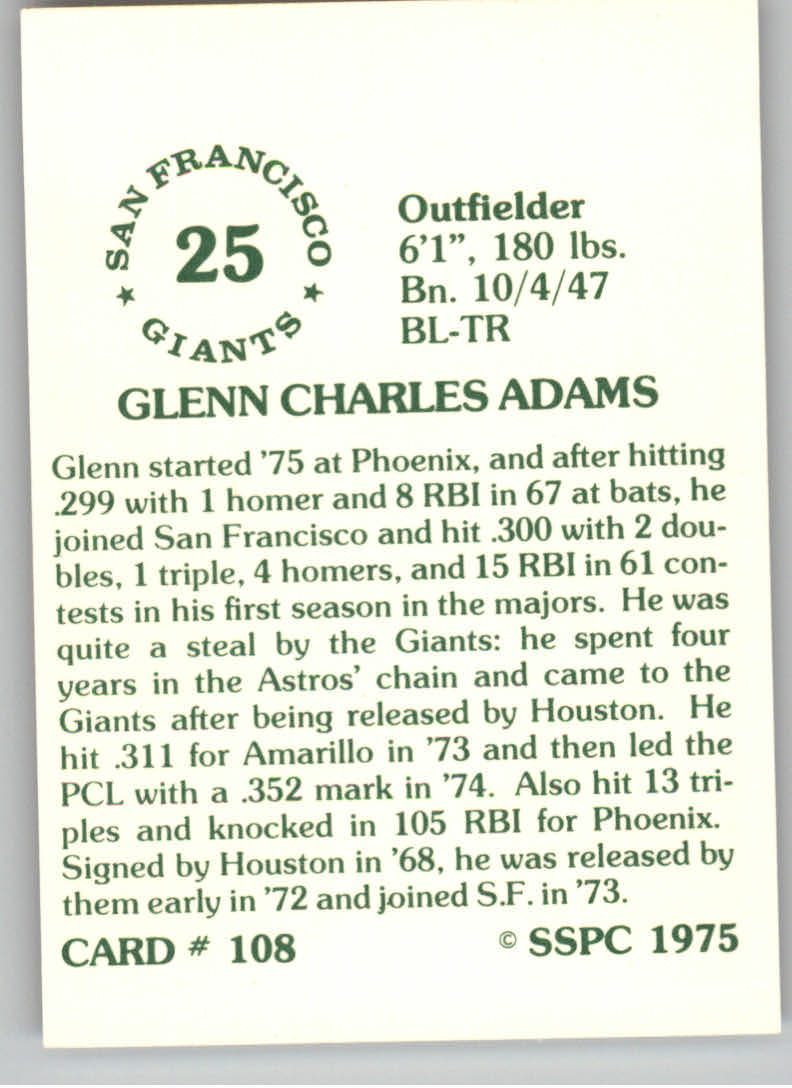 1976 SSPC #108 Glenn Adams back image