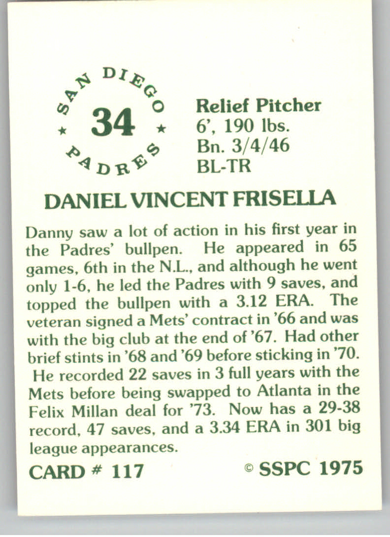 1976 SSPC #117 Dan Frisella back image