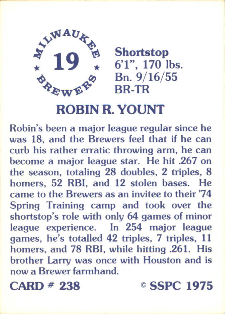 1976 SSPC #238 Robin Yount back image
