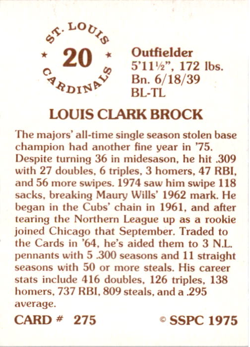 1976 SSPC #275 Lou Brock - NM