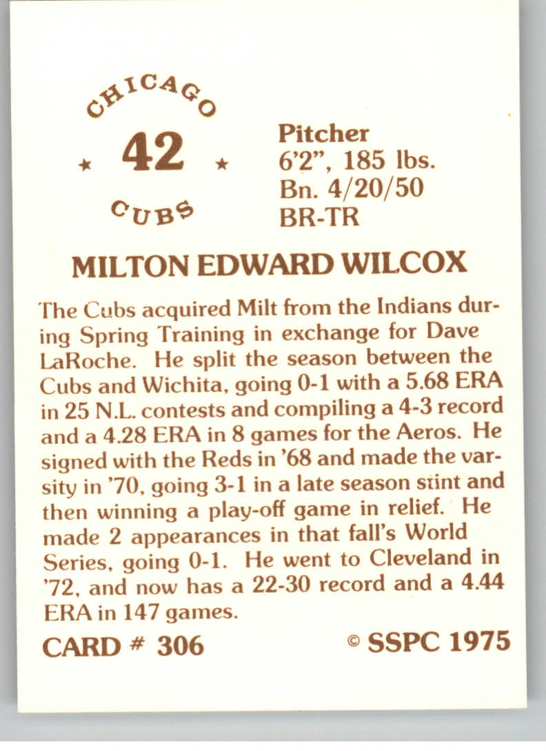 1976 SSPC #306 Milt Wilcox back image