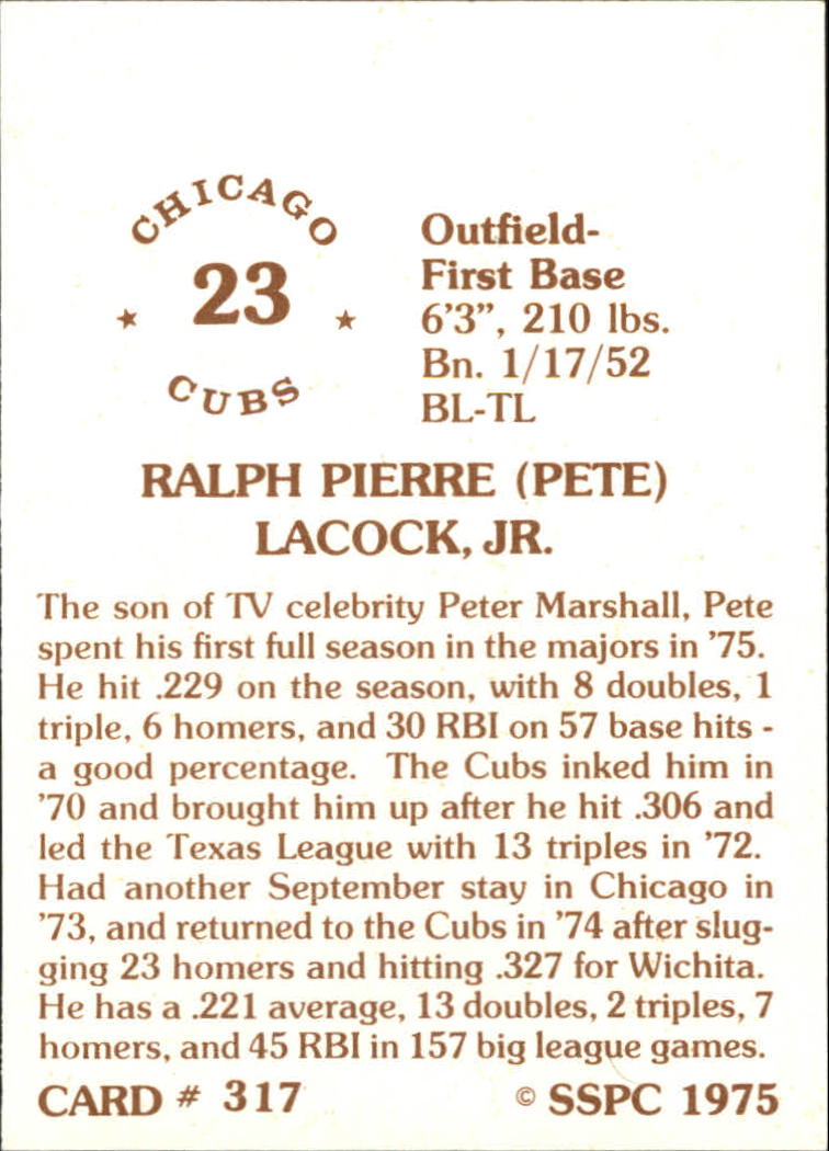 1976 SSPC #317 Pete LaCock back image