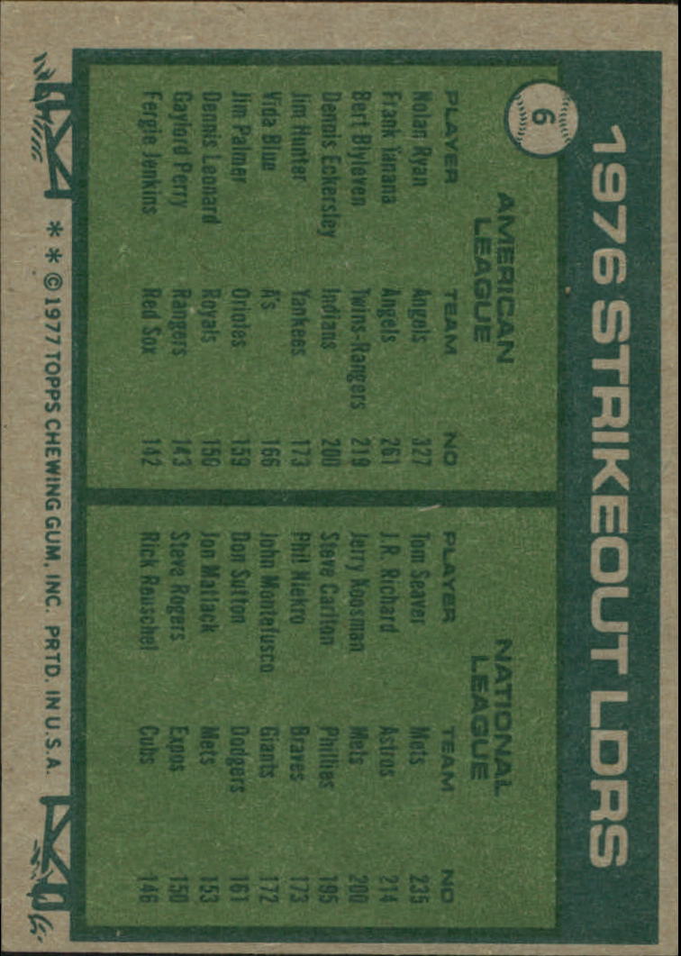 1977 Topps #6 Strikeout Leaders/Nolan Ryan/Tom Seaver back image