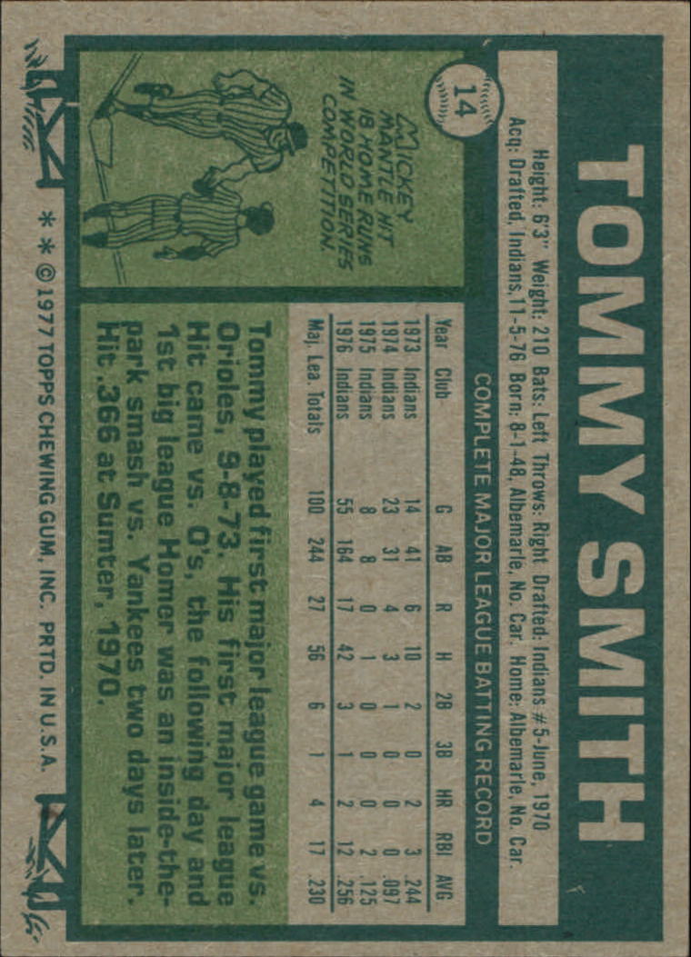 1977 Topps #14 Tommy Smith back image
