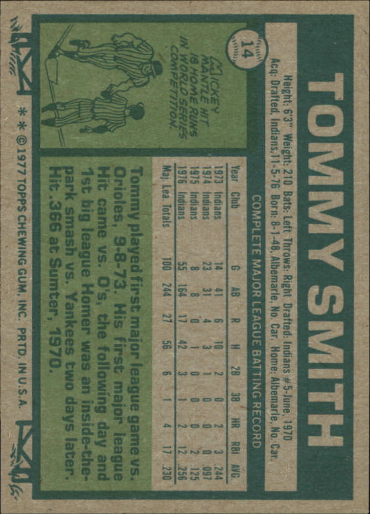 1977 Topps #14 Tommy Smith back image