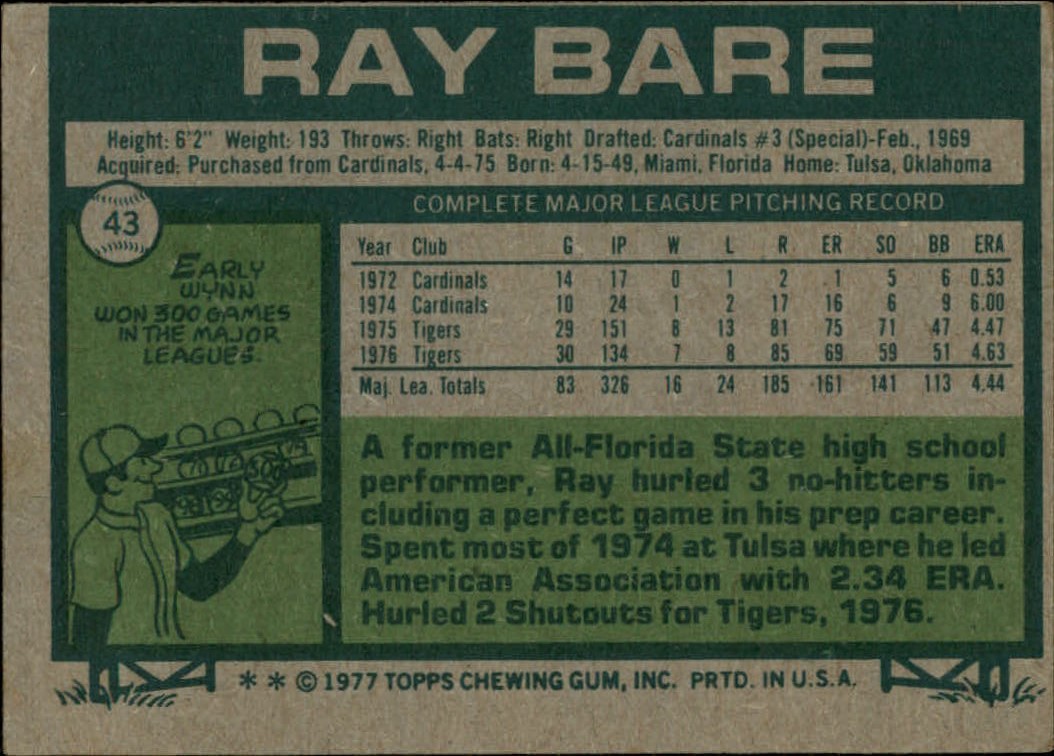 1977 Topps #43 Ray Bare back image